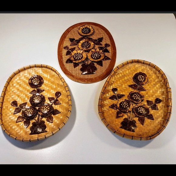 Set of 3 vintage wicker and wood wall hangings - Picture 1 of 1